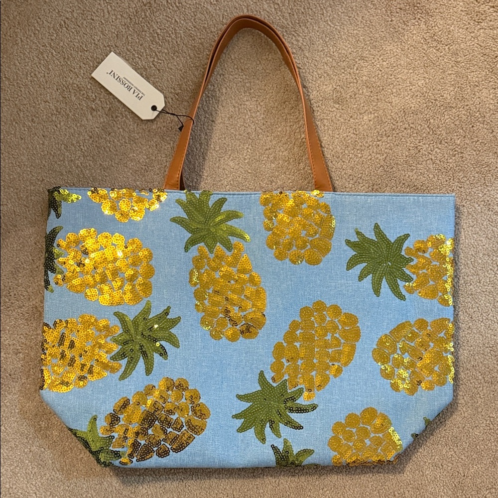 Blue Tote with Gold Pineapple Design